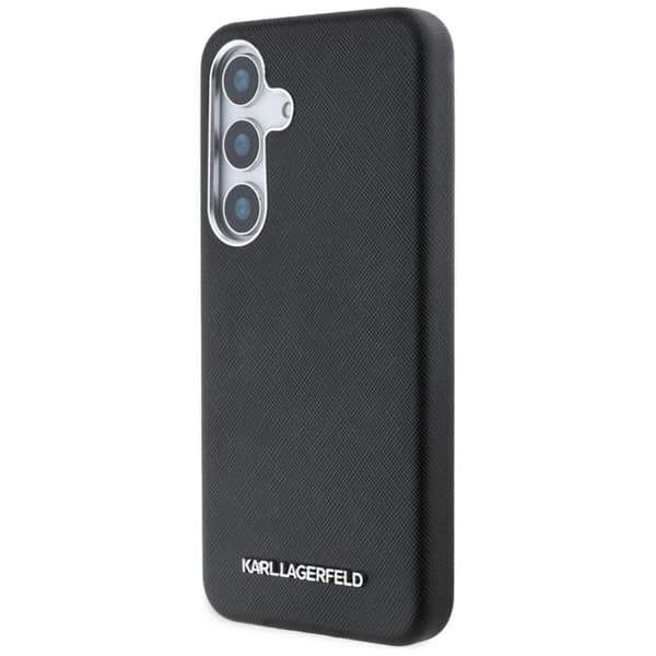 Coque för Samsung Galaxy S25 (svart), Karl Lagerfeld, Saffiano, helt omsluten, förlängd, Metall-logotyp, MagSafe