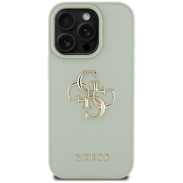 Skydd för iPhone 16 Pro Max (grön), Guess med strukturerad yta, stort 4G-logotyp, litet klassiskt logotyp