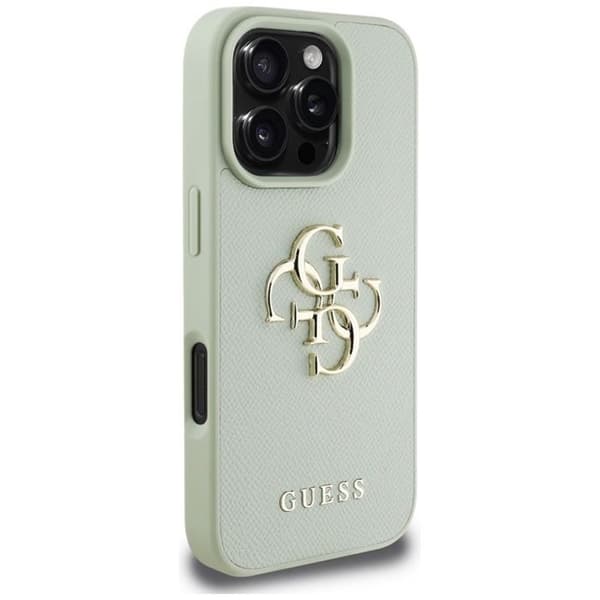 Skydd för iPhone 16 Pro Max (grön), Guess med strukturerad yta, stort 4G-logotyp, litet klassiskt logotyp