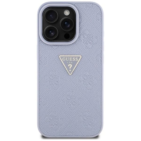 Coque för iPhone 16 Pro (lila), Guess Hot Stamp 4G, metalltriangelmönster, logotyp