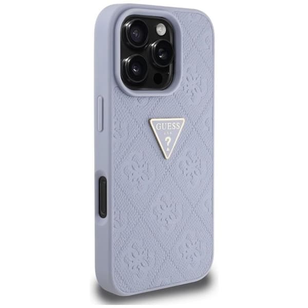 Coque för iPhone 16 Pro (lila), Guess Hot Stamp 4G, metalltriangelmönster, logotyp