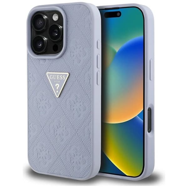 Coque för iPhone 16 Pro (lila), Guess Hot Stamp 4G, metalltriangelmönster, logotyp