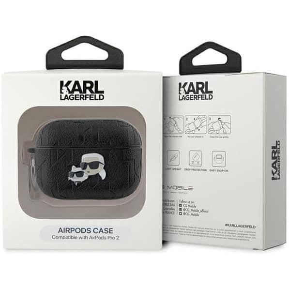 AirPods Pro 2 fodral - Karl Lagerfeld - Monogram Karl & Choupette - Ekologiskt läder - Svart - Halvstyvt