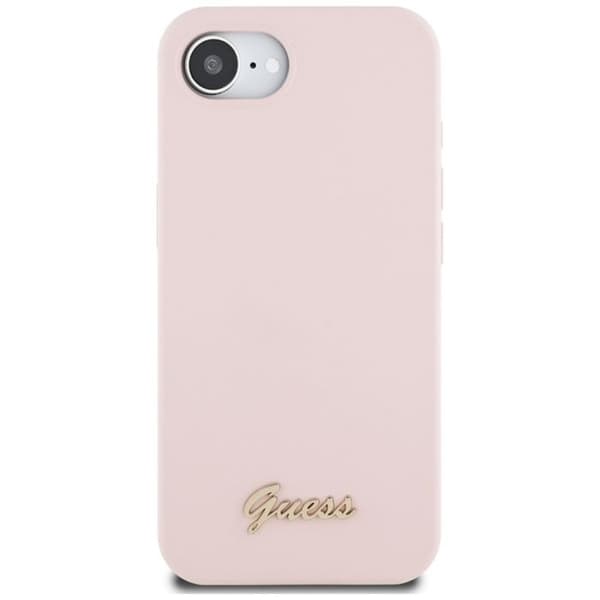 Coque Guess i silikon med metall MagSafe-logotyp för iPhone 16e (rosa)