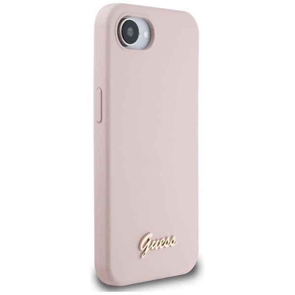 Coque Guess i silikon med metall MagSafe-logotyp för iPhone 16e (rosa)