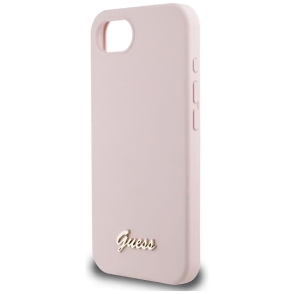 Coque Guess i silikon med metall MagSafe-logotyp för iPhone 16e (rosa)