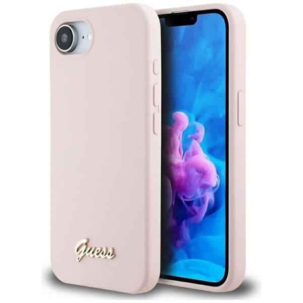 Coque Guess i silikon med metall MagSafe-logotyp för iPhone 16e (rosa)