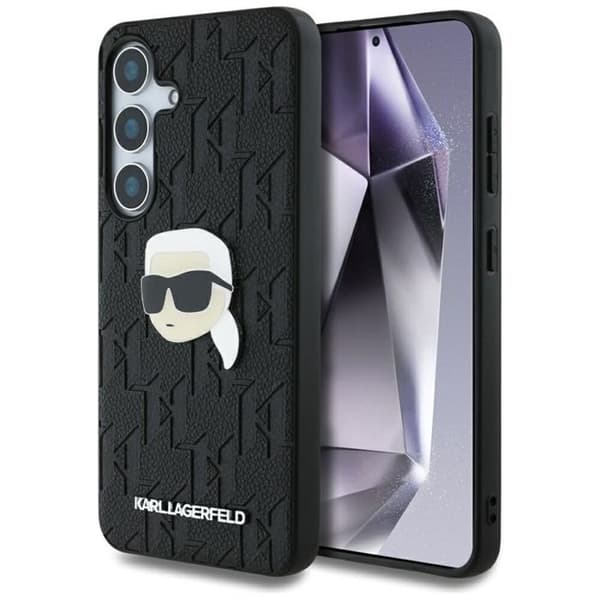 Skinnfodral med monogram Karl Lagerfeld och Karl Head-logotyp för Samsung Galaxy S25+ (svart)
