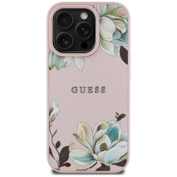 Coque Guess Grained Flower Printed MagSafe för iPhone 16 Pro (rosa)