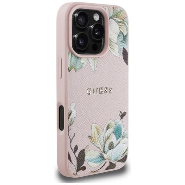 Coque Guess Grained Flower Printed MagSafe för iPhone 16 Pro (rosa)