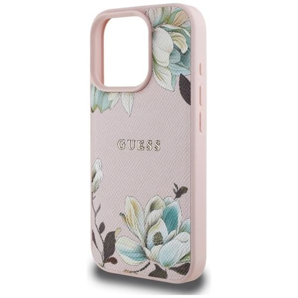Coque Guess Grained Flower Printed MagSafe för iPhone 16 Pro (rosa)