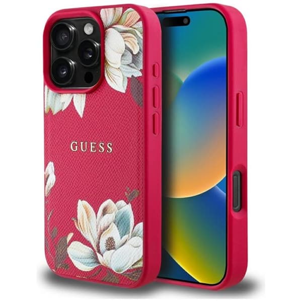 Coque för iPhone 16 Pro Max - Guess Grained Flowers MagSafe (GUHMP16XPGNMPMPLMF) - Fuchsia