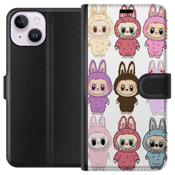 Apple iPhone 14 Tegnebogsetui Labubu Pink Monster - Popkunst med Kawaii-touch
