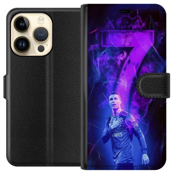 Apple iPhone 15 Pro Lompakkokotelo Ronaldo 7 - Jalkapallolegenda Toiminnassa Fanien Puolesta