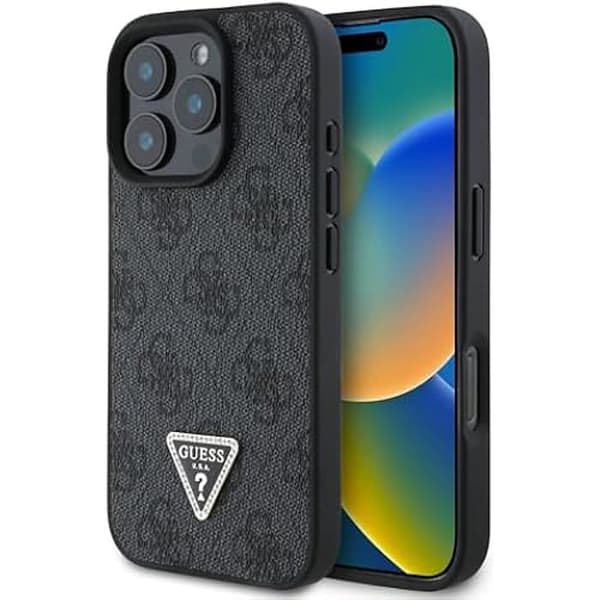 Skyddsskal - GUESS - iPhone 16 Pro - PU-läder - Triangel Strass - Svart