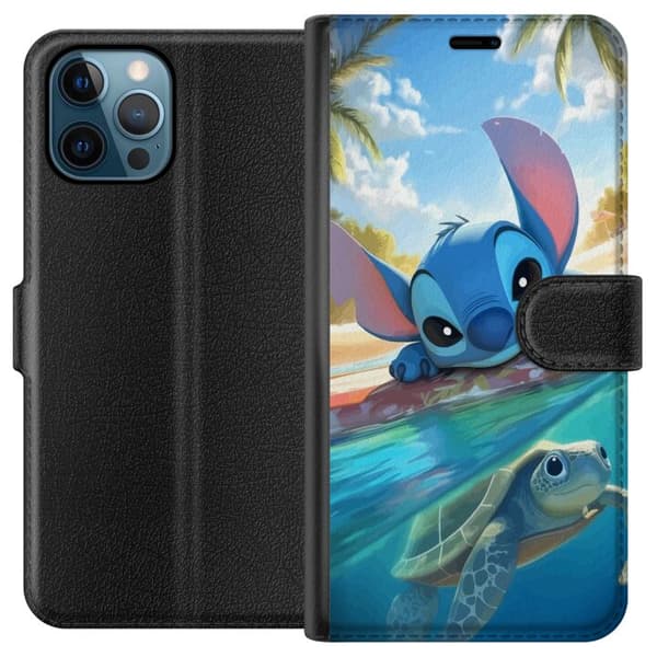 Apple iPhone 12 Pro Tegnebogsetui Stitch med skildpadde - sød blå alien i tropisk strandmiljø fra Disney