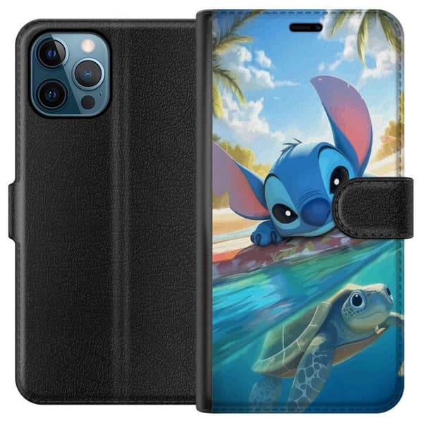 Apple iPhone 12 Pro Max Tegnebogsetui Stitch med skildpadde - sød blå alien i tropisk strandmiljø fra Disney