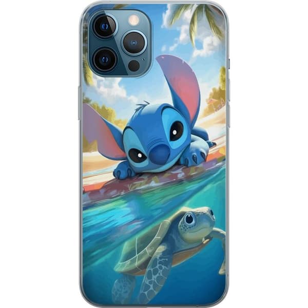 Apple iPhone 12 Pro Max Gjennomsiktig deksel Stitch med skilpadde - søt blå alien i tropisk strandmiljø fra Disney