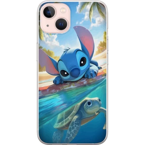 Apple iPhone 13 Genomskinligt Skal Stitch med sköldpadda – söt blå alien i tropisk strandmiljö från Disney