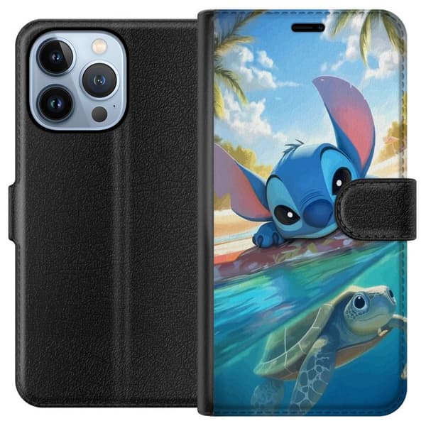 Apple iPhone 13 Pro Lompakkokotelo Stitch kilpikonnalla - söpö sininen avaruusolento trooppisessa rantaympäristössä Disneyn tapaan