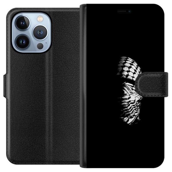 Apple iPhone 13 Pro Lompakkokotelo Keffiyeh-kuviointi - klassinen palestiinalainen mustavalkoinen shaali, jolla on kulttuurinen merkitys