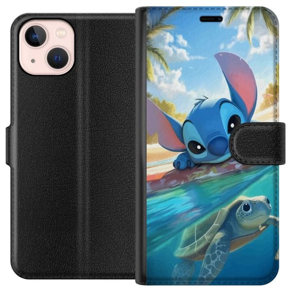Apple iPhone 13 Plånboksfodral Stitch med sköldpadda – söt blå alien i tropisk strandmiljö från Disney