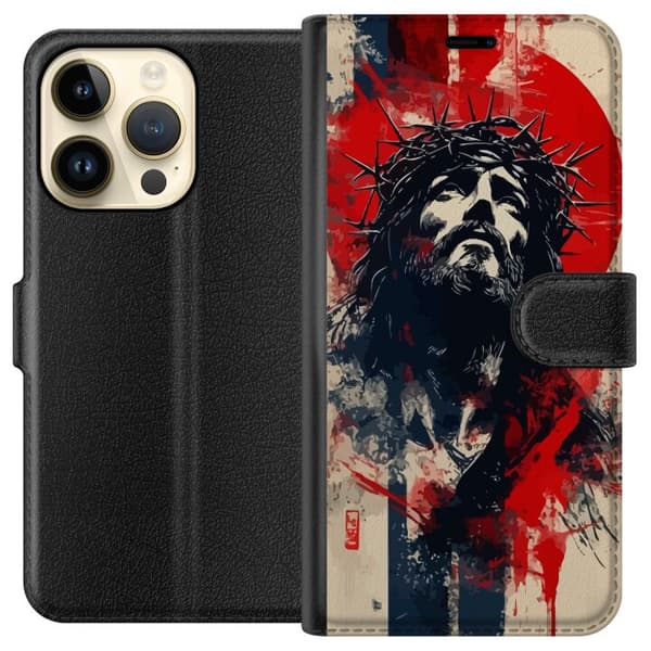 Apple iPhone 14 Pro Tegnebogsetui Jesus med kors - kristent motiv med stærk symbolik om tro og håb