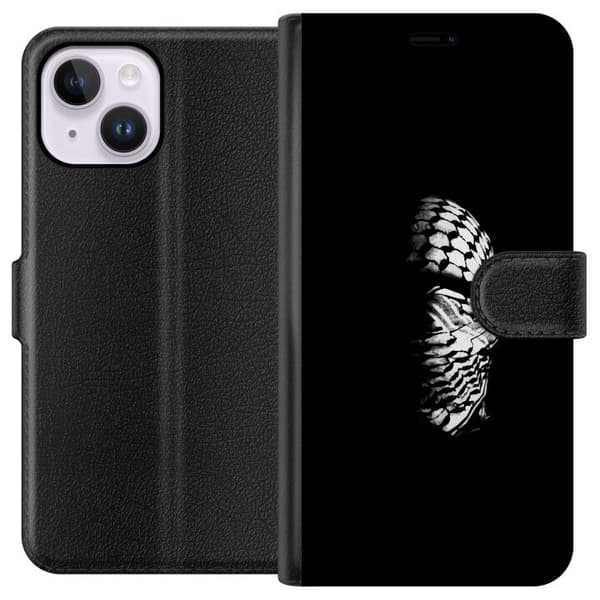 Apple iPhone 14 Plus Tegnebogsetui Keffiyeh-mønster - klassisk sort-hvid palæstinensisk tørklæde med kulturel betydning