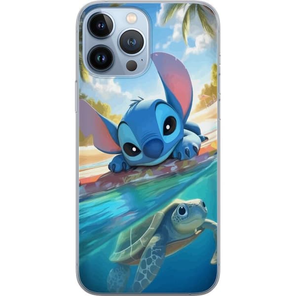 Apple iPhone 13 Pro Max Läpinäkyvä kuori Stitch kilpikonnalla - söpö sininen avaruusolento trooppisessa rantaympäristössä Disneyn tapaan