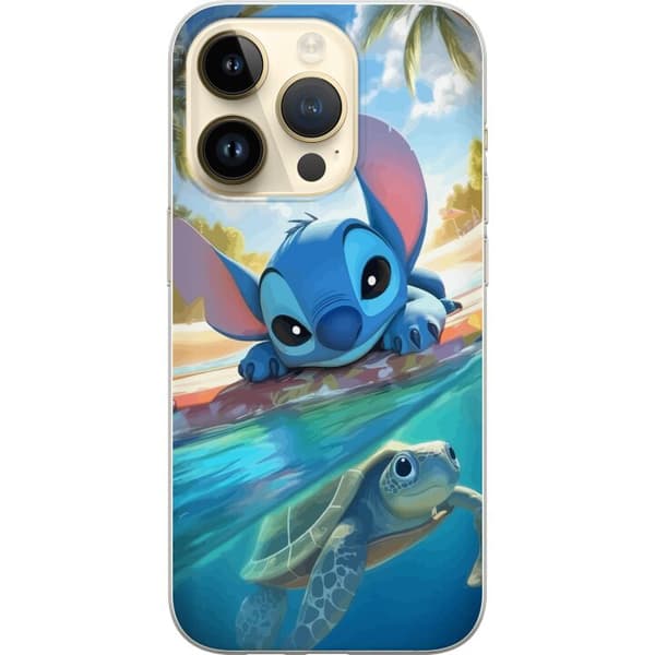 Apple iPhone 14 Pro Gennemsigtig cover Stitch med skildpadde - sød blå alien i tropisk strandmiljø fra Disney
