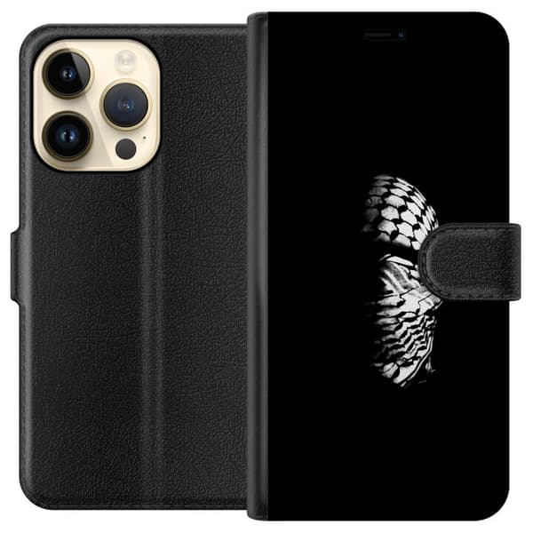 Apple iPhone 15 Pro Lompakkokotelo Keffiyeh-kuviointi - klassinen palestiinalainen mustavalkoinen shaali, jolla on kulttuurinen merkitys