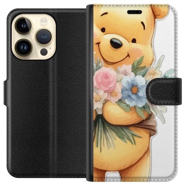 Apple iPhone 15 Pro Tegnebogsetui Nalle Puh med blomster - klassisk børnefavorit i en blomstrende forårs miljø