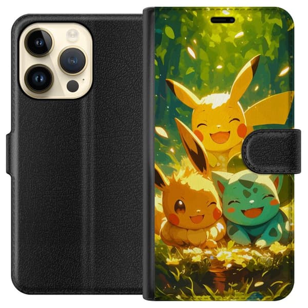 Apple iPhone 15 Pro Tegnebogsetui Pixelmonster spillestil - farverig design til retro-elskende gamere