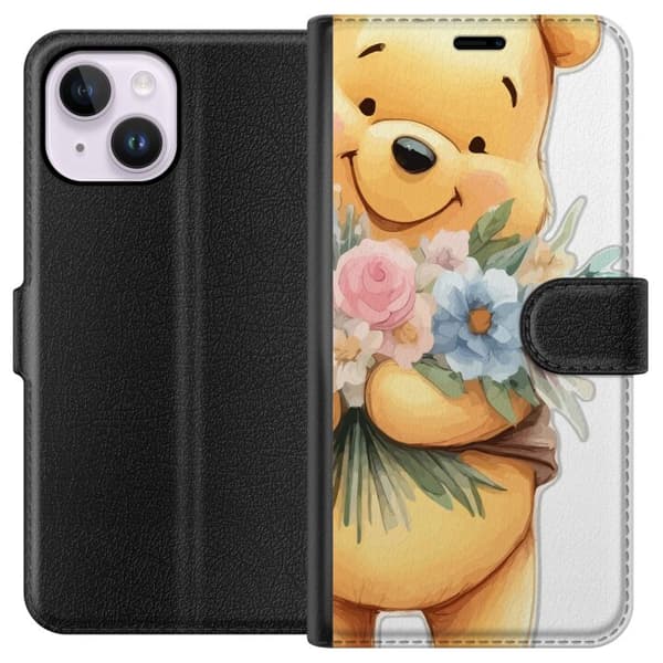 Apple iPhone 15 Plus Tegnebogsetui Nalle Puh med blomster - klassisk børnefavorit i en blomstrende forårs miljø