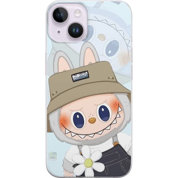 Apple iPhone 15 Plus Gennemsigtig cover Labubu med hat - Pop Mart figur Mr. Butcher i retro-stil med karakter