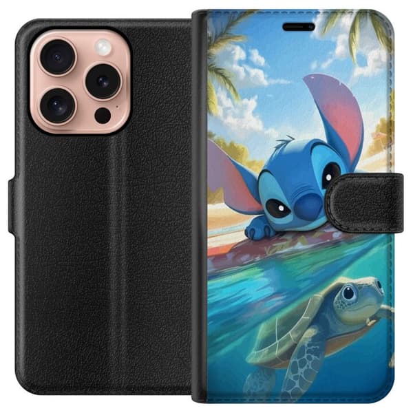 Apple iPhone 16 Pro Lompakkokotelo Stitch kilpikonnalla - söpö sininen avaruusolento trooppisessa rantaympäristössä Disneyn tapaan