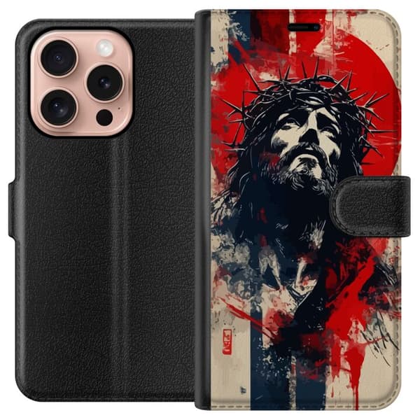 Apple iPhone 16 Pro Plånboksfodral Jesus med kors – kristet motiv med stark symbolik om tro och hopp
