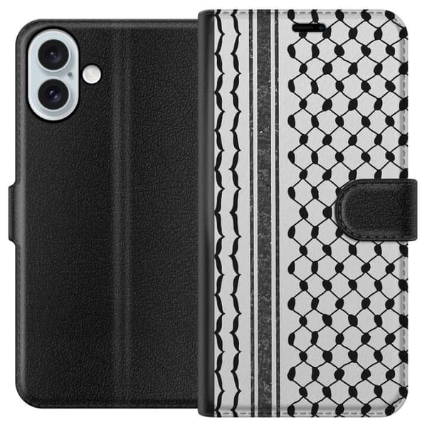 Apple iPhone 16 Plus Lompakkokotelo Palestiinalainen kuvio - perinteiseen tyyliin inspiroima keffiyeh-kangas