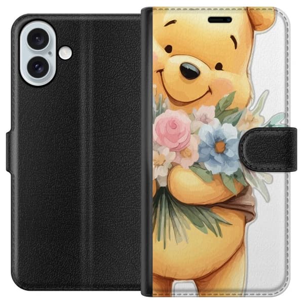 Apple iPhone 16 Plus Lompakkokotelo Nalle Puh kukkien kanssa - klassinen lasten suosikki kukkivassa keväisympäristössä