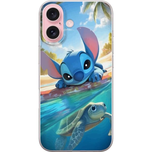 Apple iPhone 16 Läpinäkyvä kuori Stitch kilpikonnalla - söpö sininen avaruusolento trooppisessa rantaympäristössä Disneyn tapaan