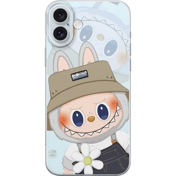 Apple iPhone 16 Plus Gennemsigtig cover Labubu med hat - Pop Mart figur Mr. Butcher i retro-stil med karakter