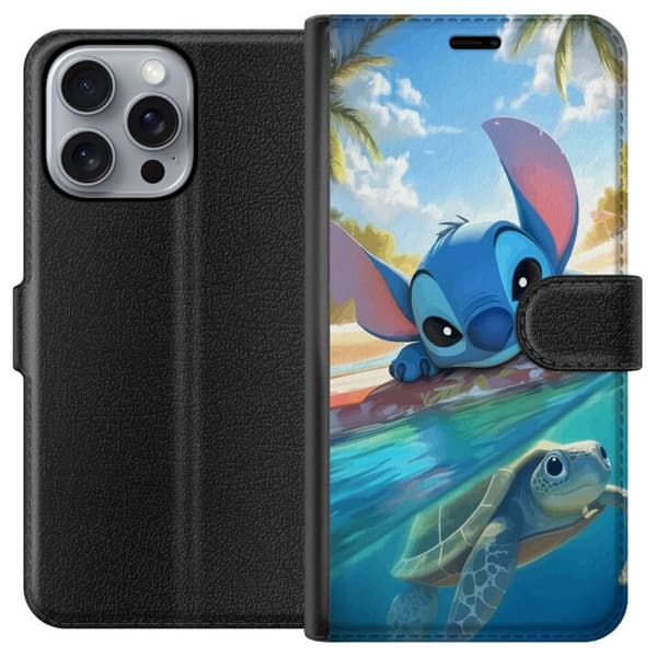 Apple iPhone 16 Pro Max Tegnebogsetui Stitch med skildpadde - sød blå alien i tropisk strandmiljø fra Disney