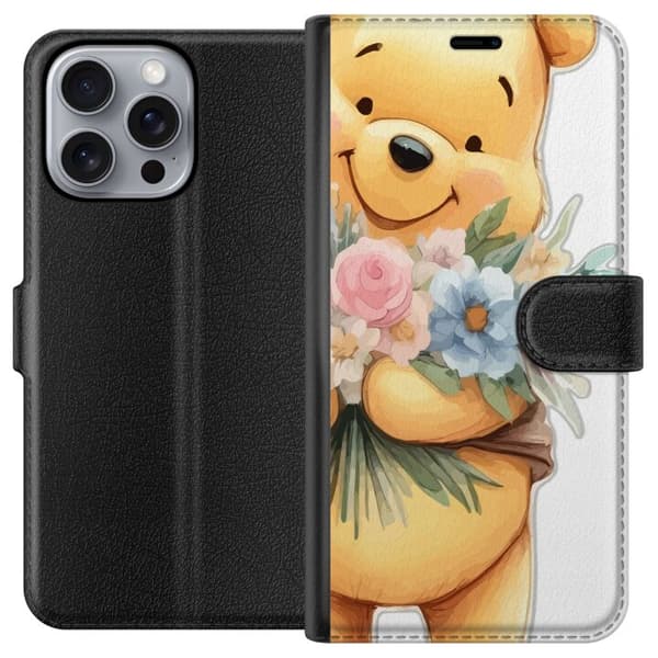 Apple iPhone 16 Pro Max Lompakkokotelo Nalle Puh kukkien kanssa - klassinen lasten suosikki kukkivassa keväisympäristössä