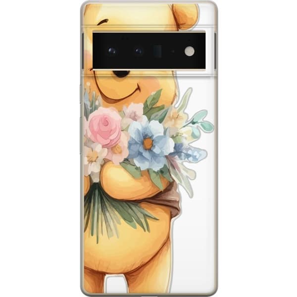 Google Pixel 6 Pro Läpinäkyvä kuori Nalle Puh kukkien kanssa - klassinen lasten suosikki kukkivassa keväisympäristössä