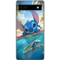 Pikkukuva 1 / 3: Google Pixel 6a Läpinäkyvä kuori Stitch kilpikonnalla - söpö sininen avaruusolento trooppisessa rantaympäristössä Disneyn tapaan