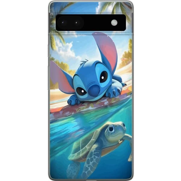 Google Pixel 6a Läpinäkyvä kuori Stitch kilpikonnalla - söpö sininen avaruusolento trooppisessa rantaympäristössä Disneyn tapaan