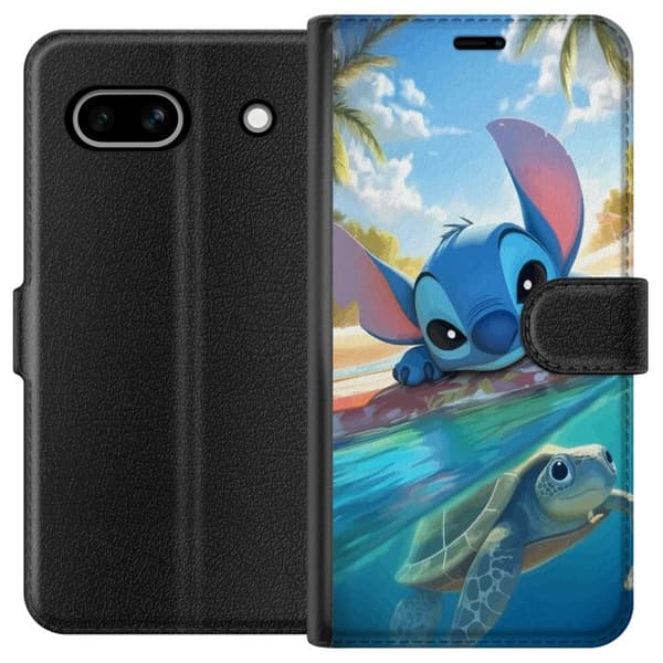 Google Pixel 7a Tegnebogsetui Stitch med skildpadde - sød blå alien i tropisk strandmiljø fra Disney