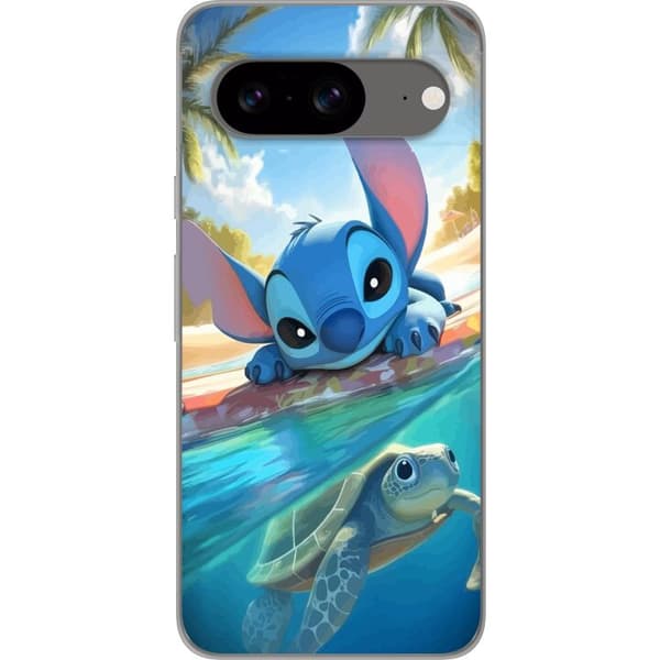 Google Pixel 8 Gennemsigtig cover Stitch med skildpadde - sød blå alien i tropisk strandmiljø fra Disney