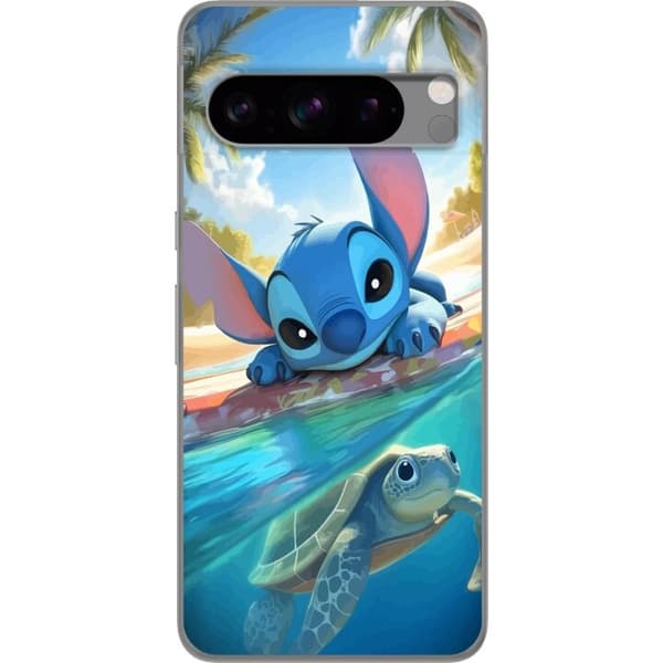 Google Pixel 8 Pro Genomskinligt Skal Stitch med sköldpadda – söt blå alien i tropisk strandmiljö från Disney