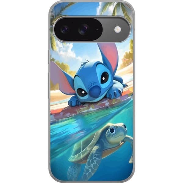 Google Pixel 9 Pro Gennemsigtig cover Stitch med skildpadde - sød blå alien i tropisk strandmiljø fra Disney
